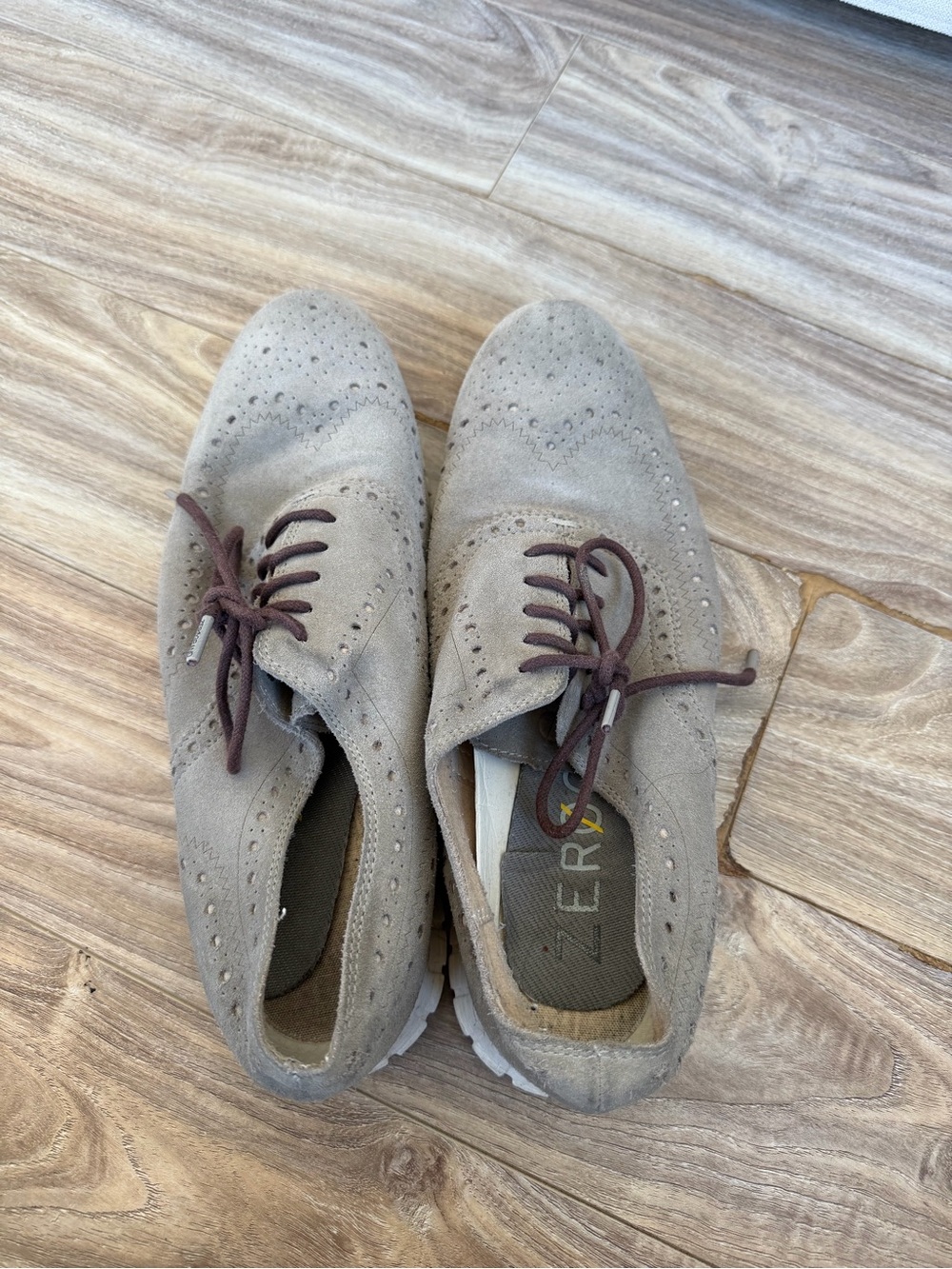 Cole Haan Taupe Suede Wingtip Oxfords with Brown Laces